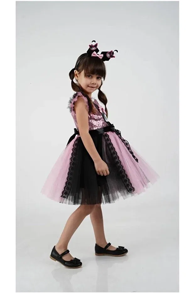 Детское платье для девочек с принтом Kuromi Crown Accessory Extraçarşi, Pink-Black 1 — фото 4