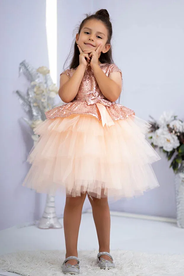 Детское платье для девочек с пайетками Girl'S sequined tulle dress Dafito Kids, Salmon — фото 2