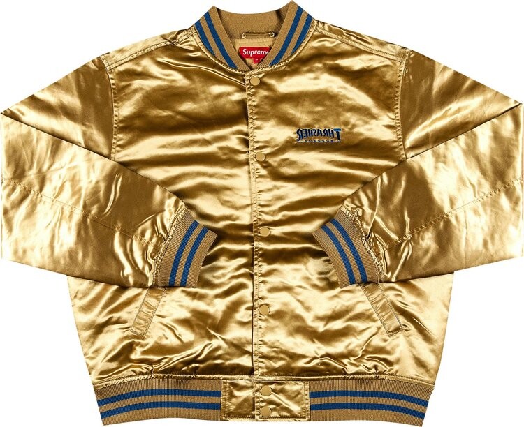 

Куртка Supreme x Thrasher Satin Varsity Jacket 'Gold', золотой, Желтый, Куртка Supreme x Thrasher Satin Varsity Jacket 'Gold', золотой