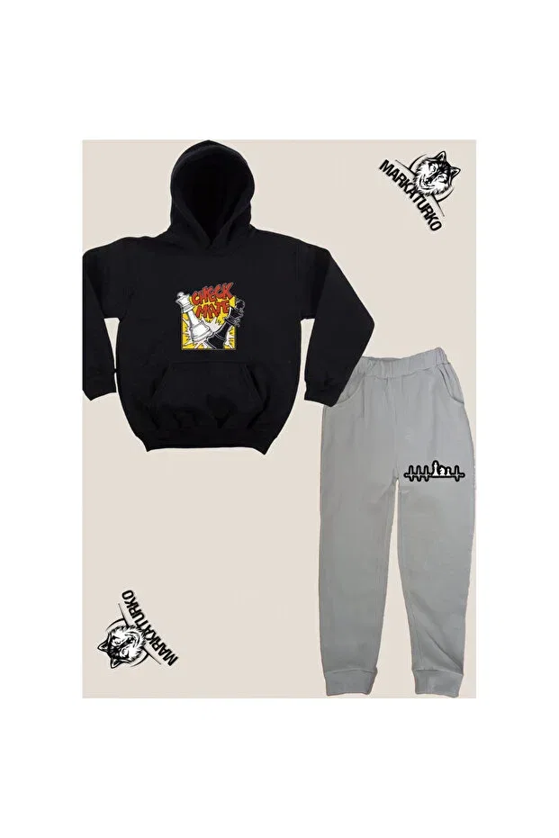 Детский спортивный костюм для девочек с принтом Chess front printed unisex custom design cotton black-gray children's tracksuit 5050-16g Markaturko, Black-Gray