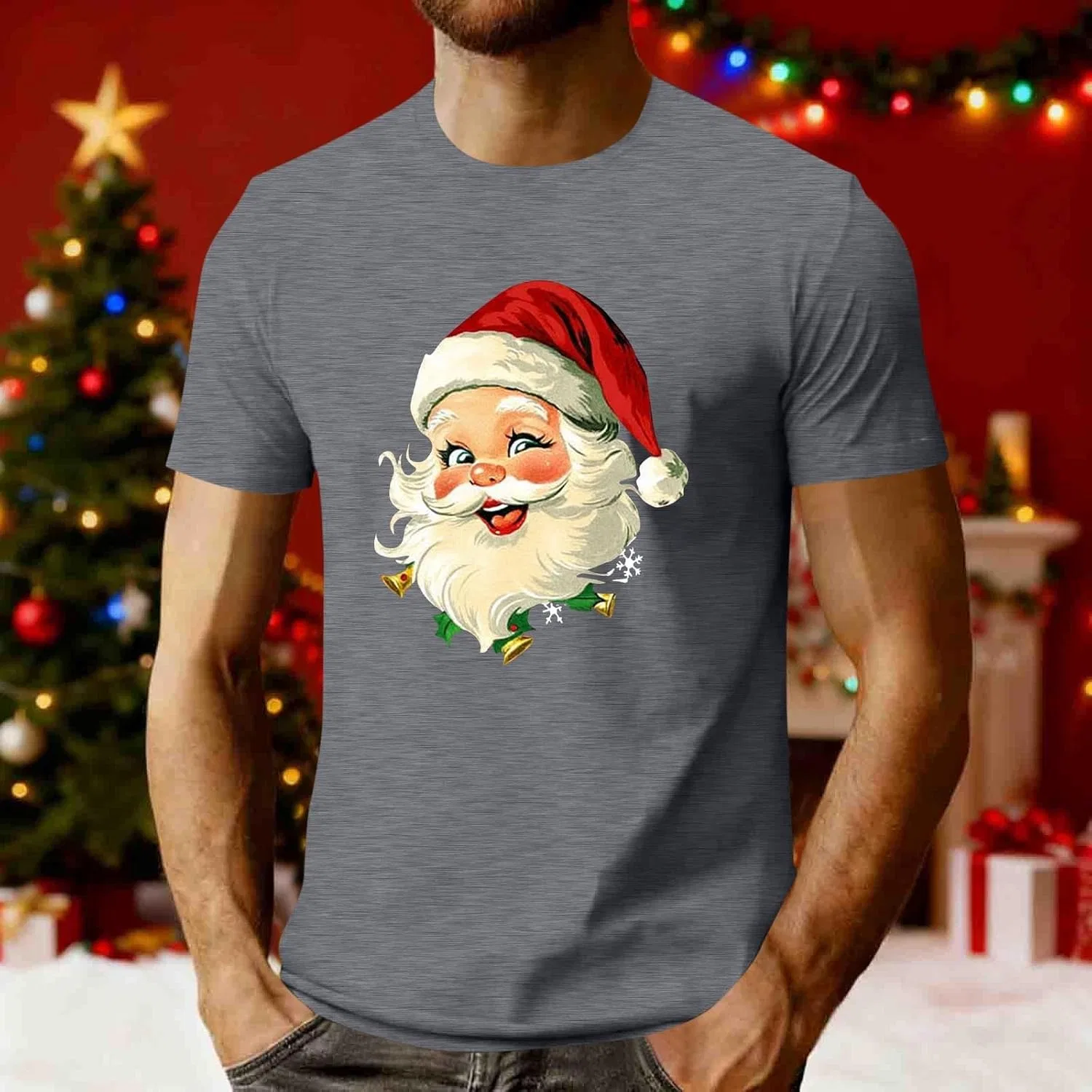 Мужская футболка с рождественским принтом Santa, Gray — фото 2