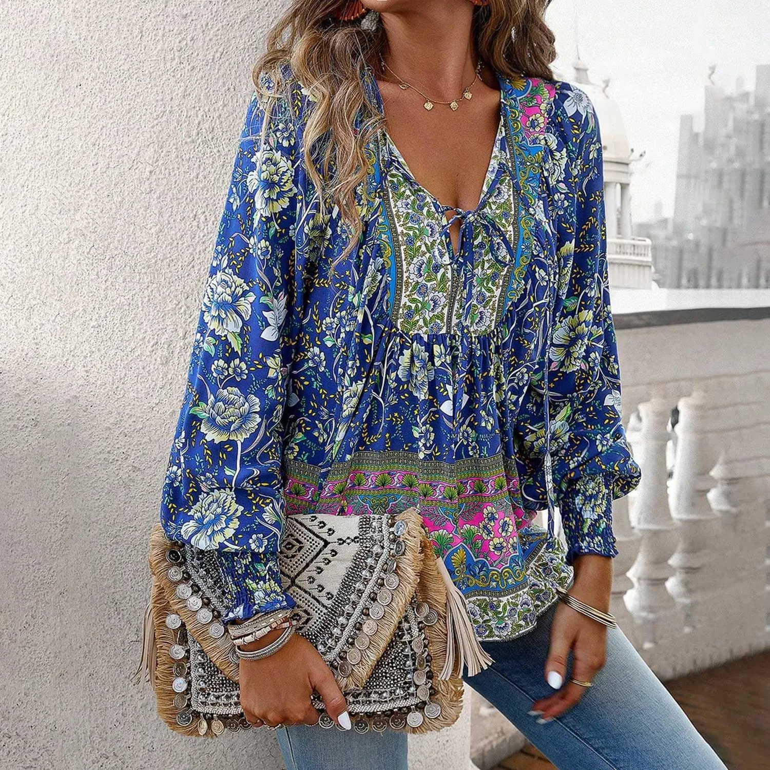 Женская блуза с принтом 1970s Boho Floral Pattern с длинным рукавом, Navy Blue — фото 2