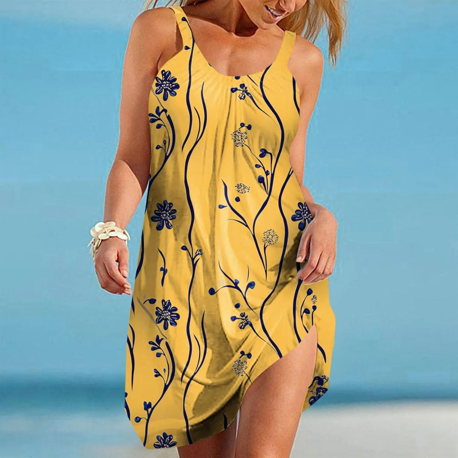 Женское летнее мини-платье с V-образным вырезом Boho, Yellow — фото 2