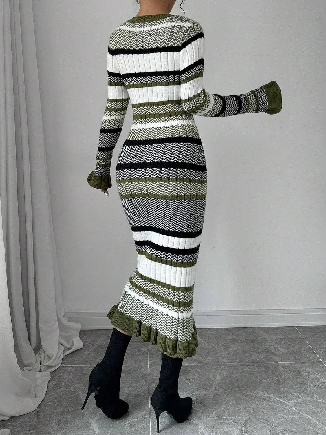 Женское платье миди с цветовыми блоками Knitwear, Green — фото 2