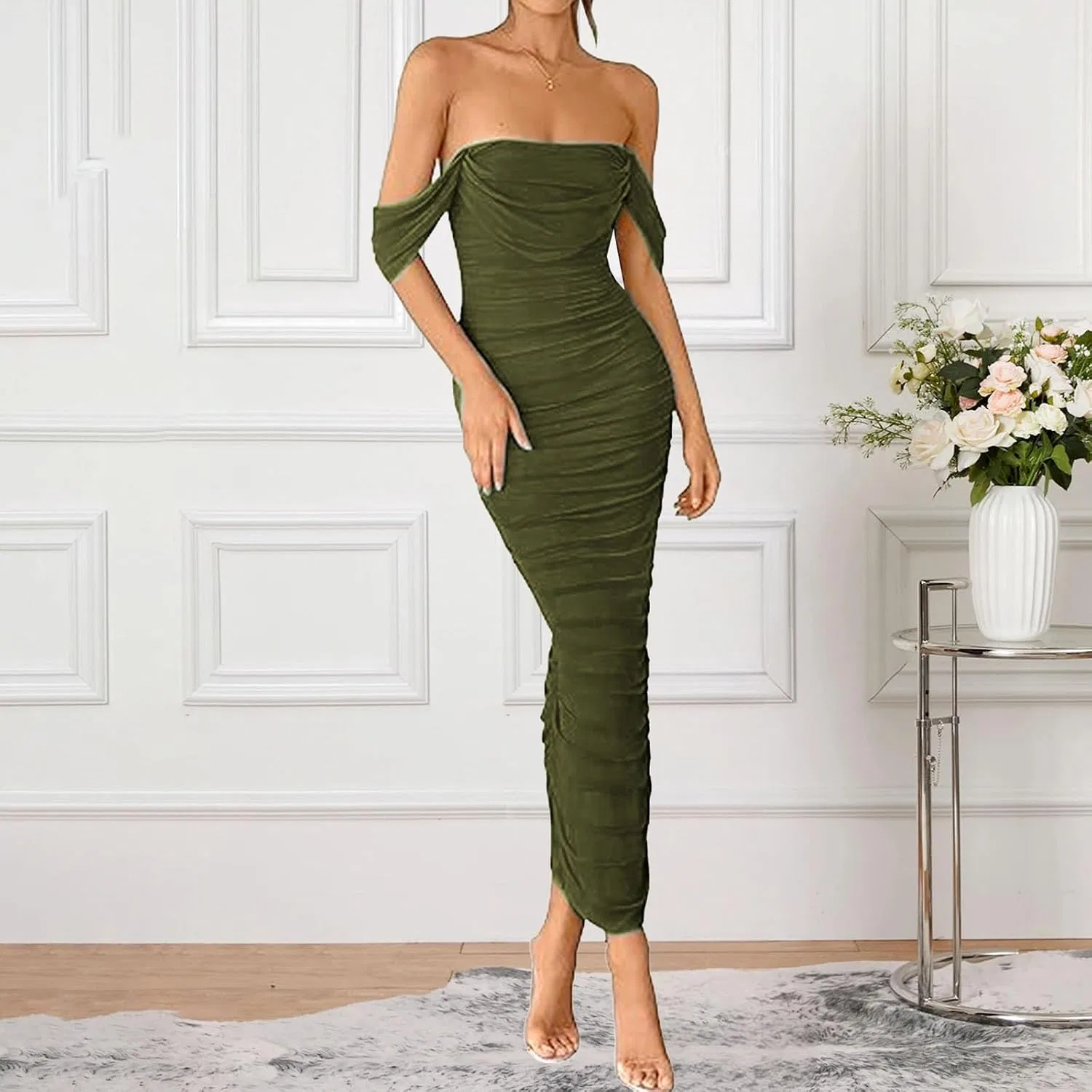 Женское вечернее платье макси с корсетом Off Shoulder, Army Green — фото 3