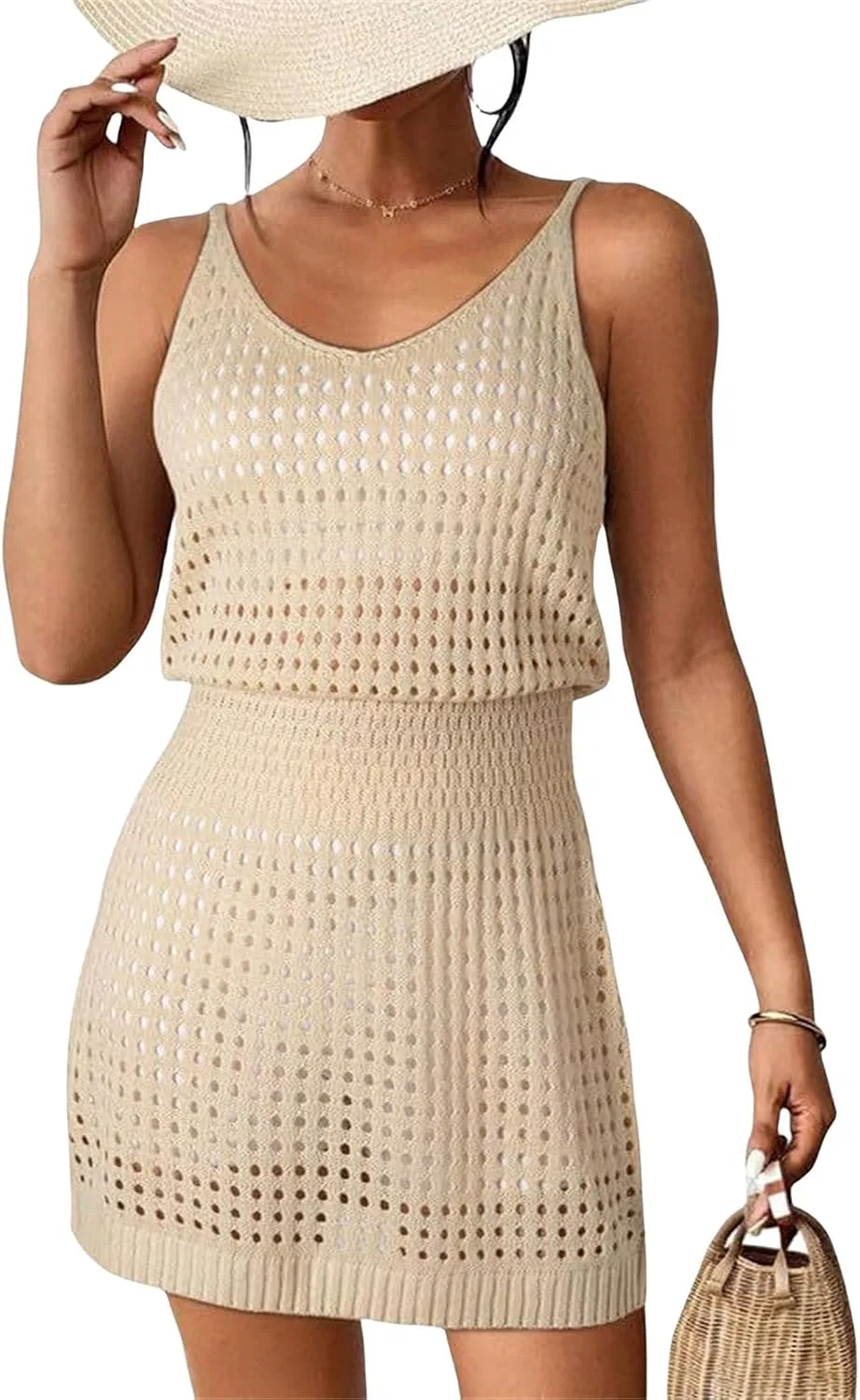 Женский вязаный пляжный парео с ажурным узором Generic, Beige