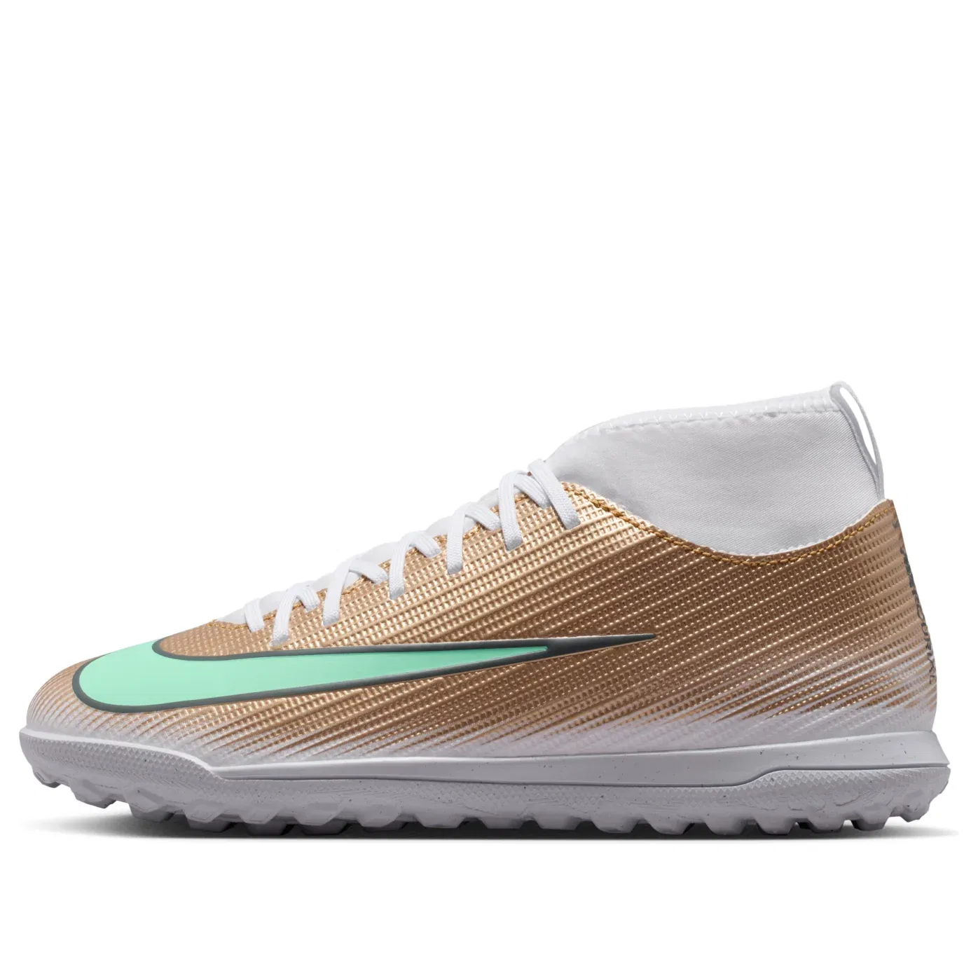 Детские кроссовки с синтетическим верхом Jr. Mercurial Superfly 11 Club TF High 'Kylian Mbappe Golden Boot' Nike, Metallic Gold/Green Glow