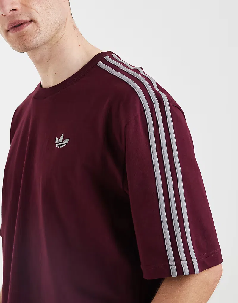 Футболка Adidas Originals с тремя полосками, свободного кроя, бордовый — фото 3