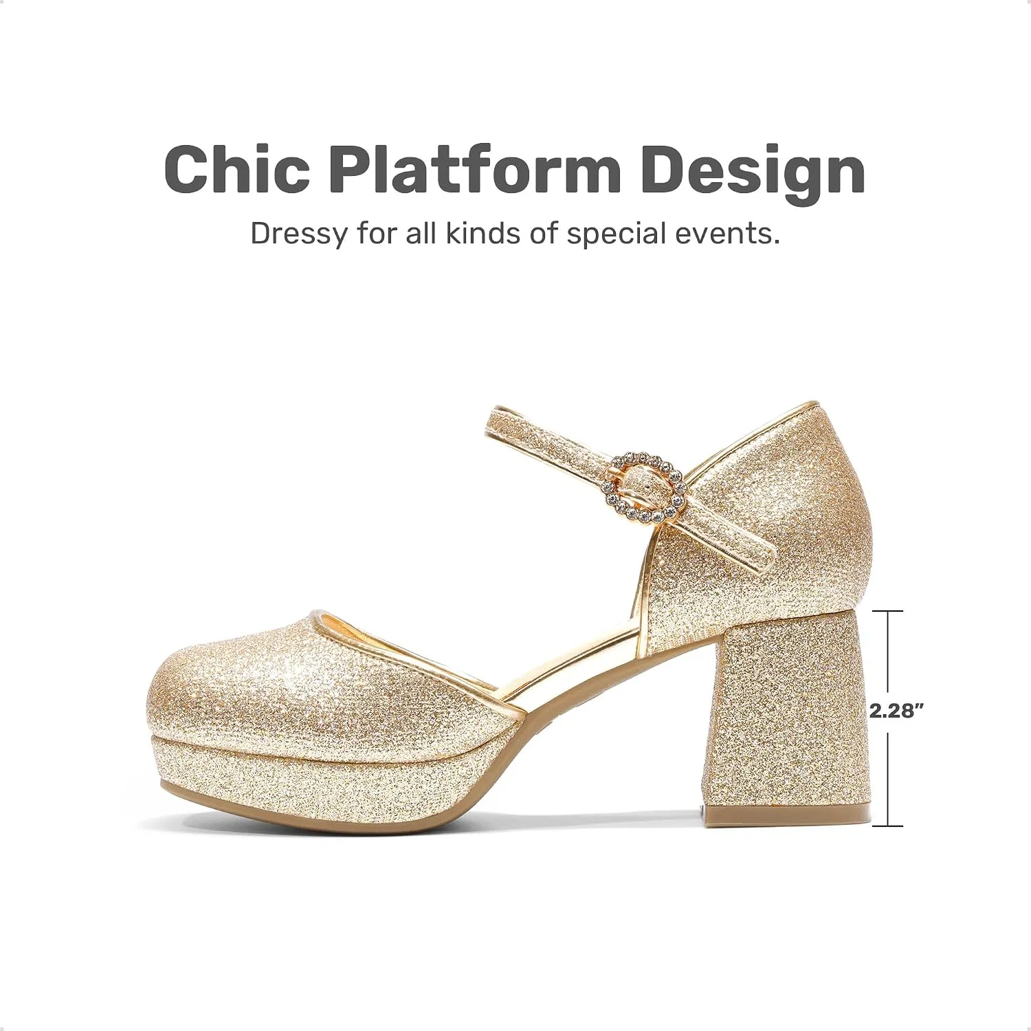 Детские туфли для девочек на платформе с цветочным принтом Flower Platform Heels DREAM PAIRS, Gold — фото 3