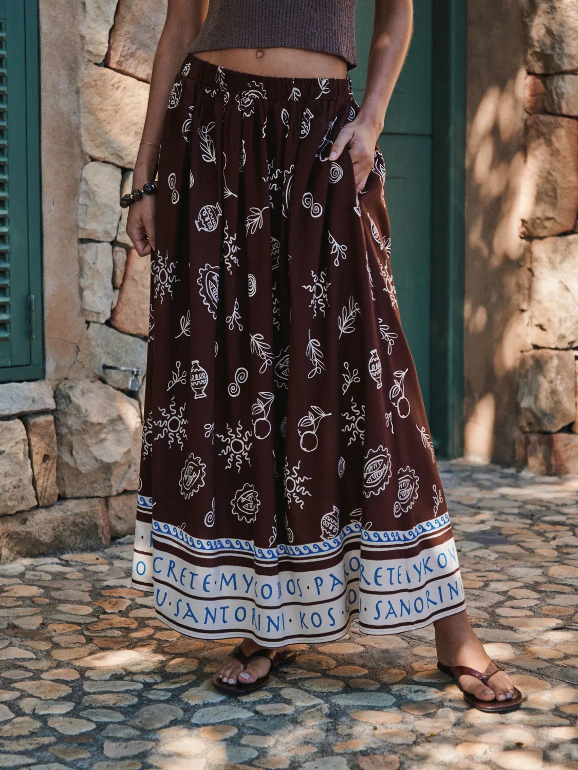 Юбка макси с принтом, модель Brown/Cream Printed Maxi Skirt with Linen Next, коричневый/кремовый — фото 4