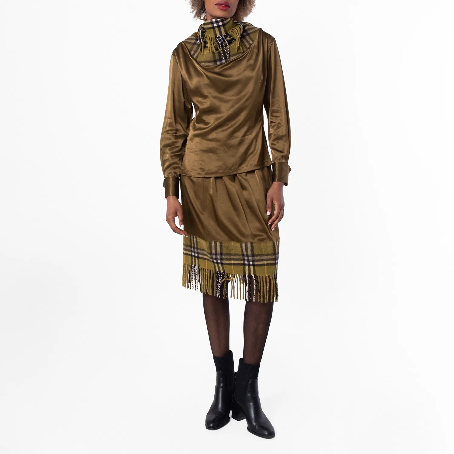Блуза с длинным рукавом Satin and Check Scarf Panelled Top Burberry, Camp — фото 4