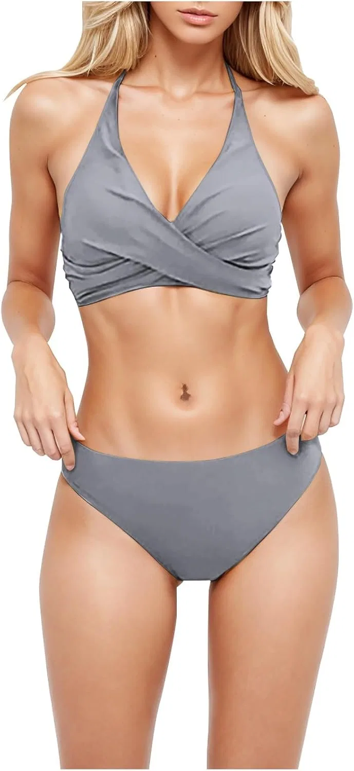Женский двухкомпонентный купальник с высокой талией V-образным вырезом Tummy Control, Gray — фото 4