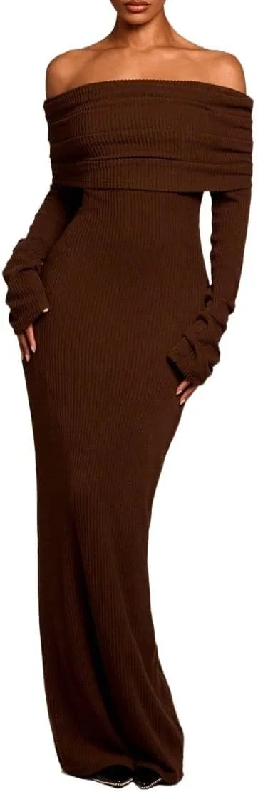 Женское длинное платье с рукавами off shoulder Casual, Coffee Brown