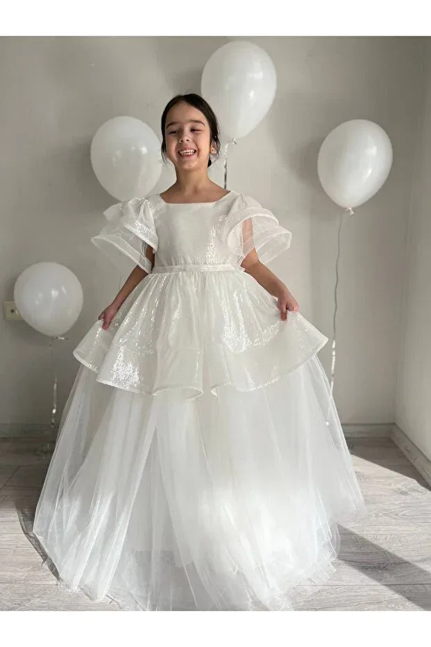 Детское платье для девочек с пайетками White Sequined Long Maxi Length Creeping Girl's Wedding Dress Sare Çocuk Giyim, White