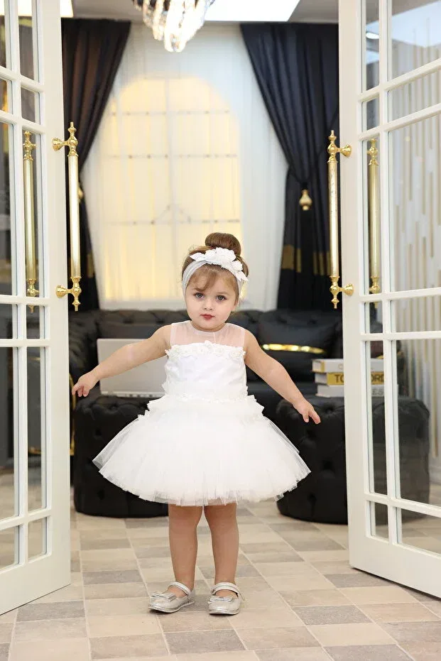 Детское платье для девочек с принтом Ruched star pattern embroidered tulle baby girl evening dress Miss Rain, White — фото 3