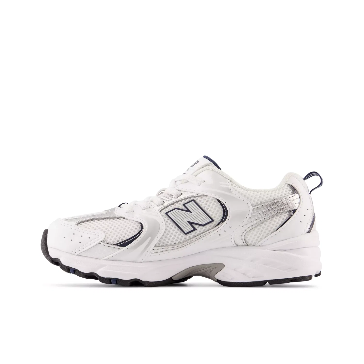 Детские кроссовки New Balance 530 Bungee с эластичными шнурками, White With Natural Indigo And Silver Metallic — фото 4