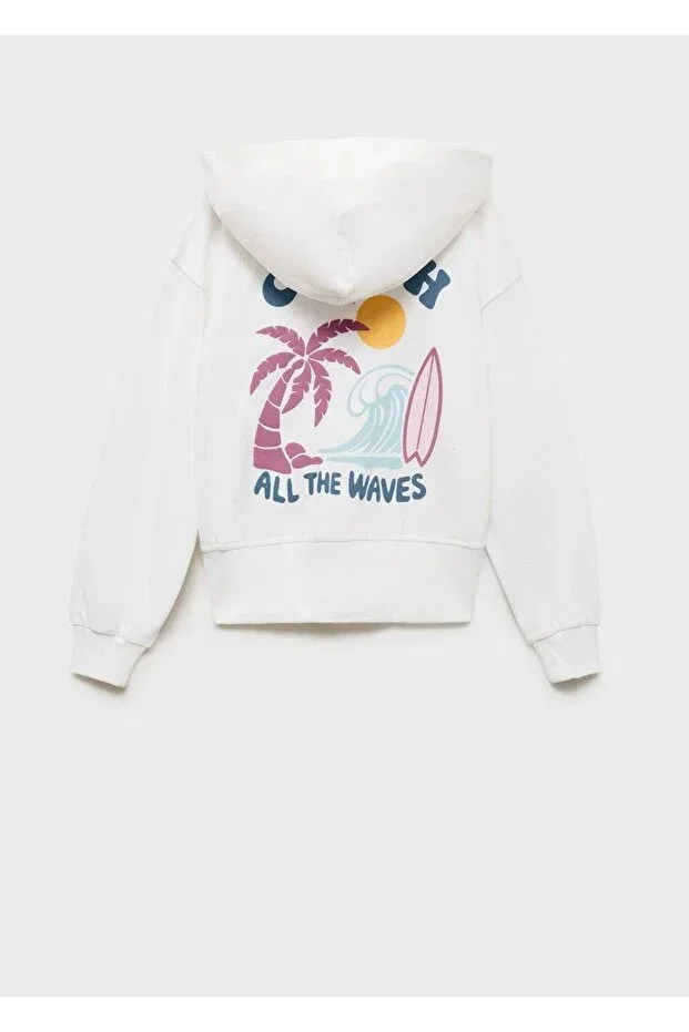 Детское худи для девочек с принтом Hooded print message sweatshirt Mango Kids, Off White — фото 2
