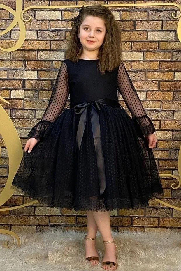 Детское платье для девочек кружевное с поясом Abiyekids, Black