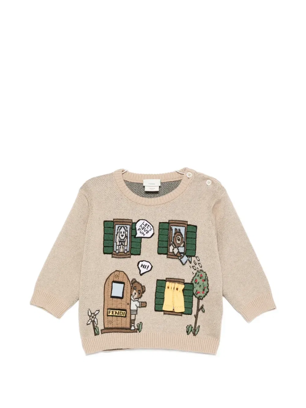 Вязаный свитер с пуговицами с узором интарсия Fendi Kids, бежевый