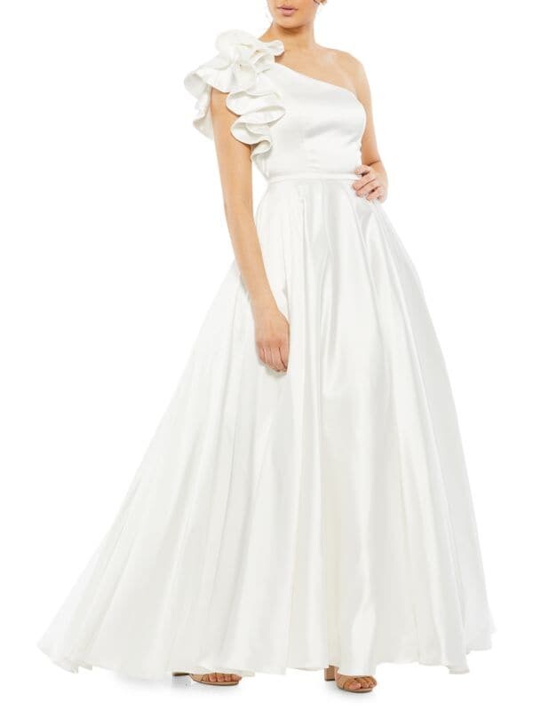

Атласное платье трапециевидной формы на одно плечо Mac Duggal White
