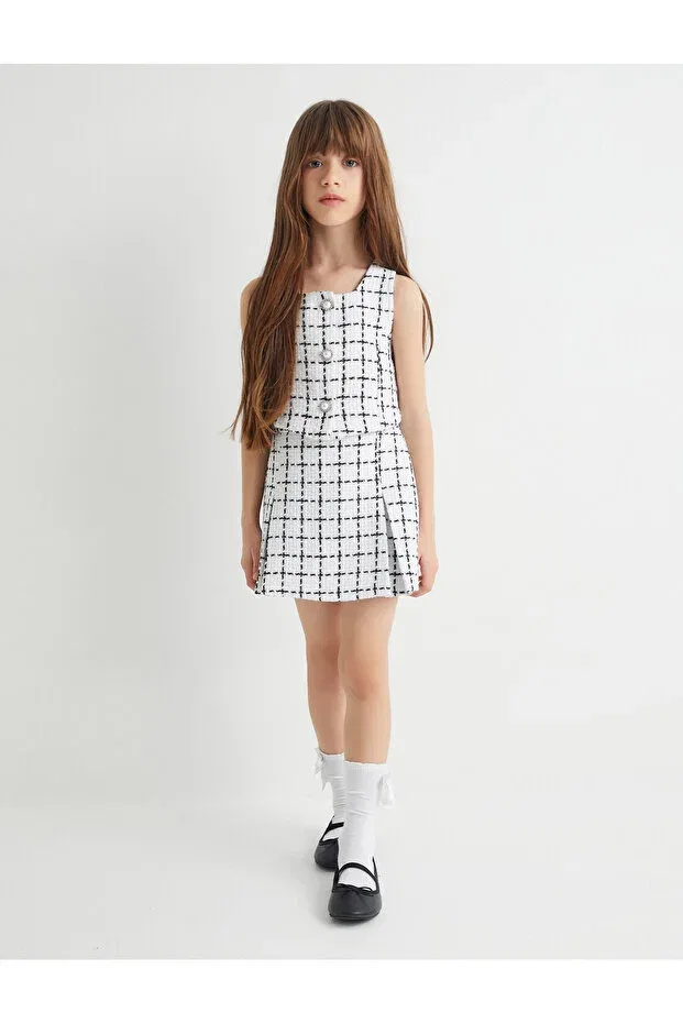 Детские шорты для девочек с принтом Tweed Shorts Skirt Plaid Elastic Waist Koton, Ecru Striped — фото 2