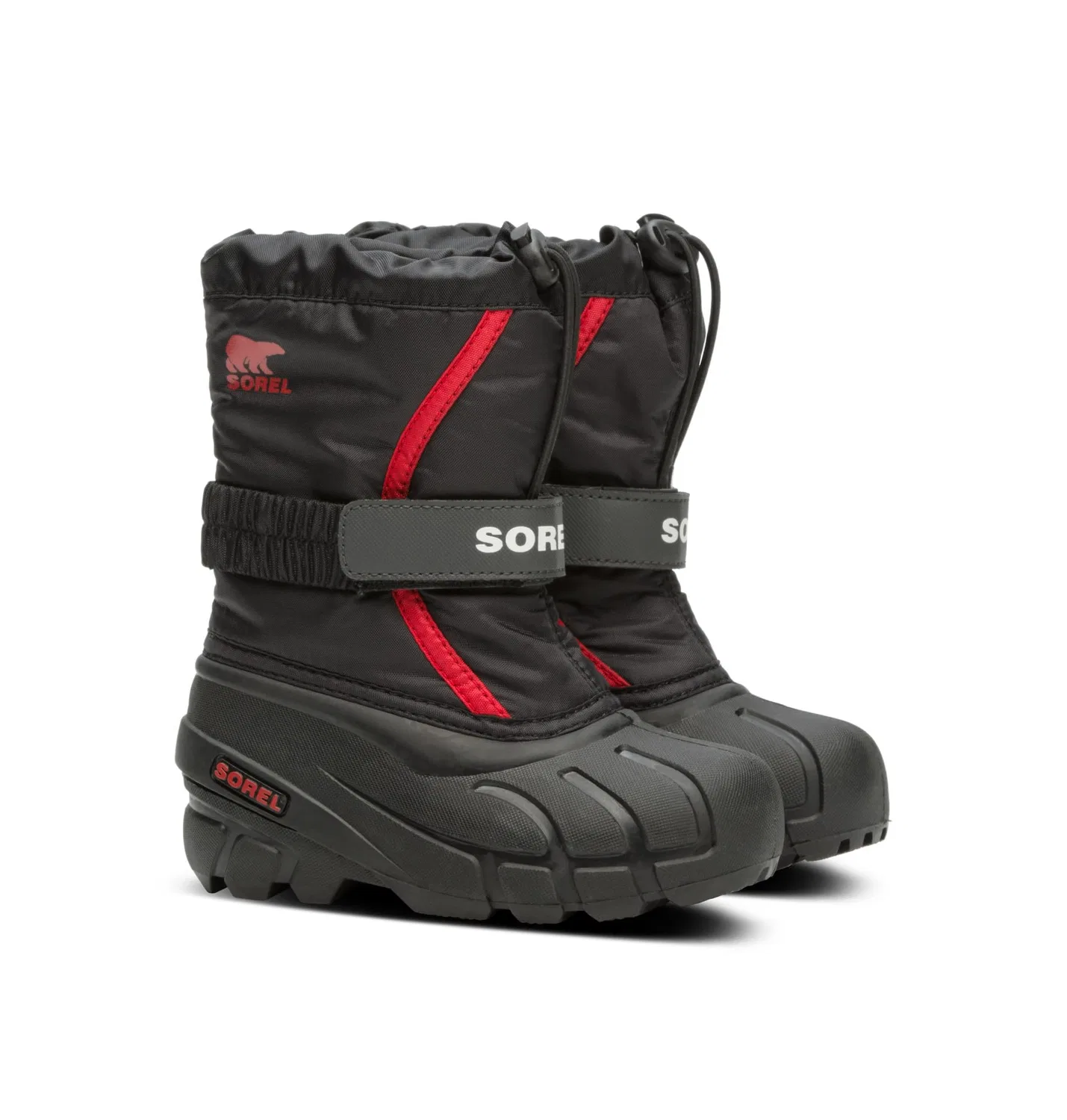 Детские зимние ботинки для мальчиков на липучке Flurry Sorel, Black Bright Red