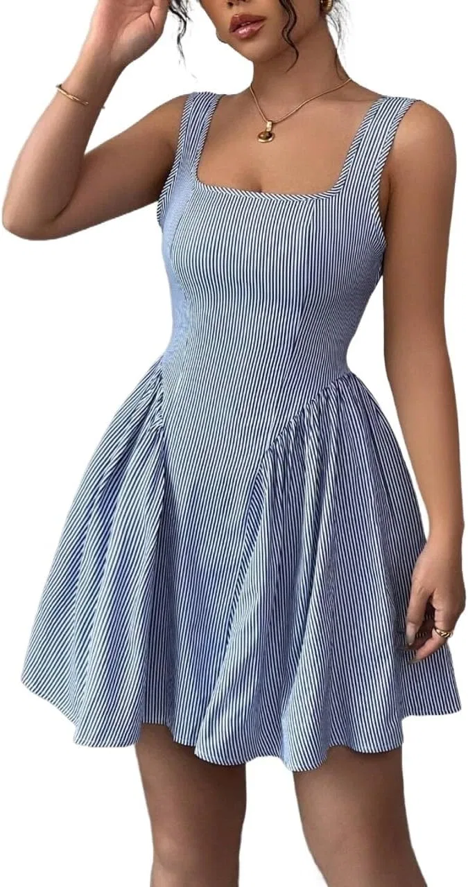 Женское повседневное платье с квадратным вырезом, Striped, Multicolor