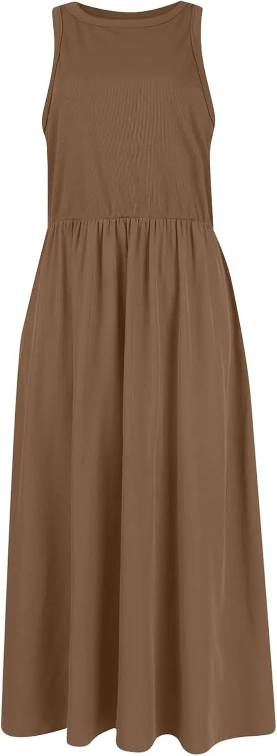 Женское летнее платье миди без рукавов с панелями, Khaki — фото 3