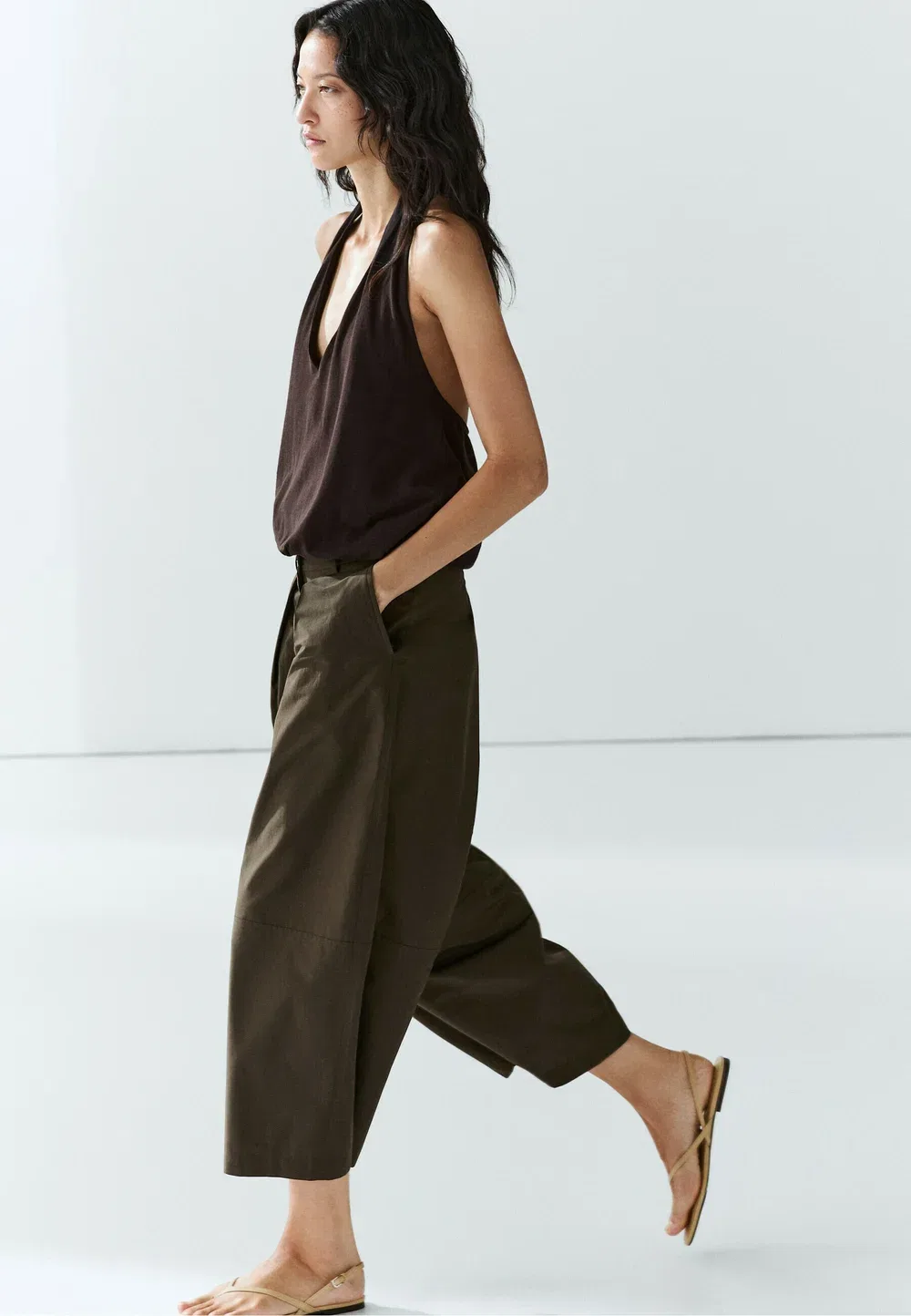 Брюки с широкими штанинами из смесовой хлопковой ткани поплин Massimo Dutti, Khaki — фото 4