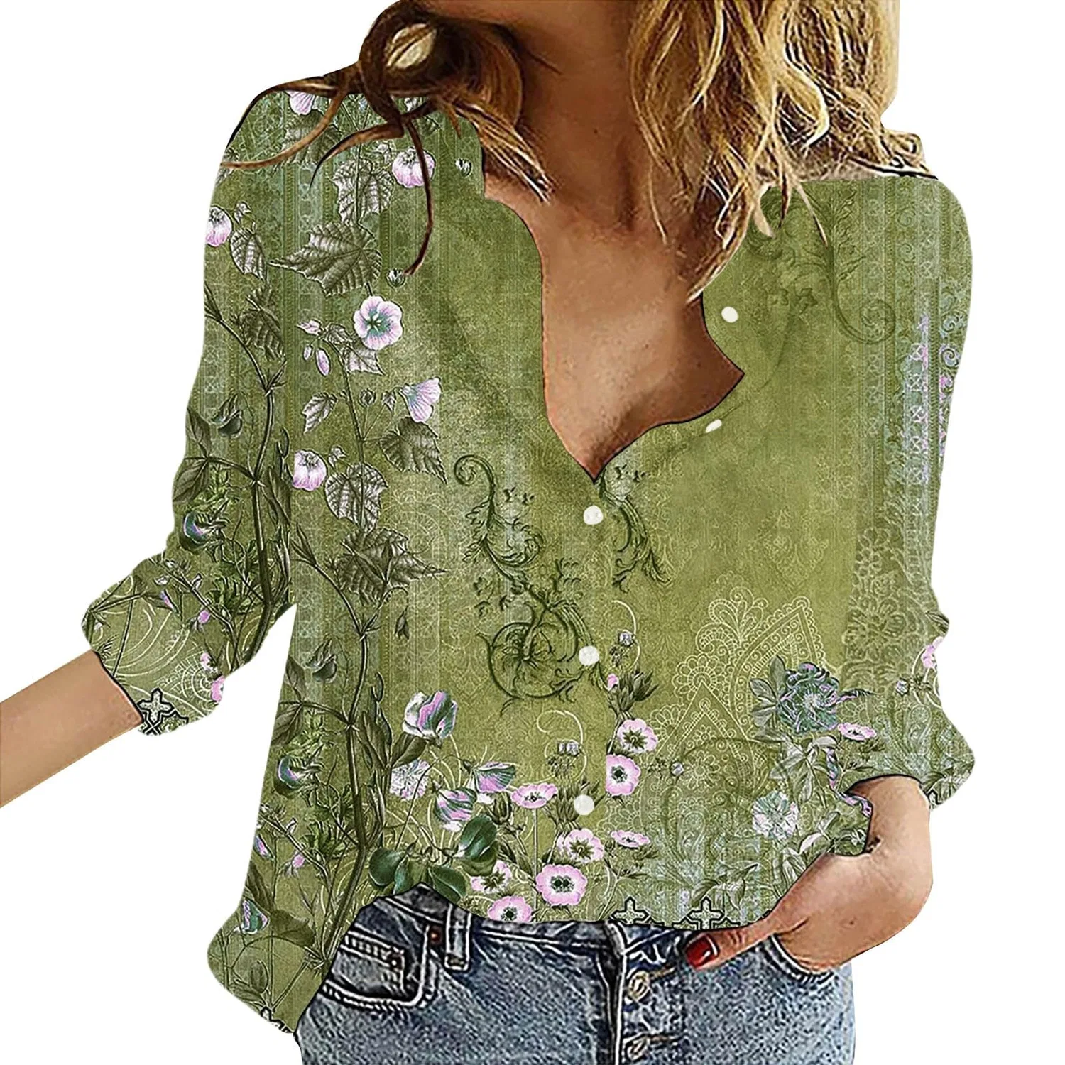 Женская блузка с принтом Summer Button Down Shirt, Green