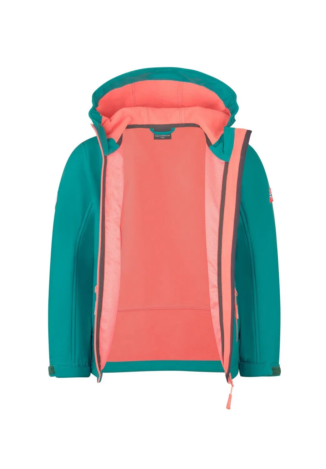 Куртка «Троллфьорд» для девочек - куртка из софтшелла Trollkids, Ocean Green/Coral Pink/Midnight Petrol — фото 3