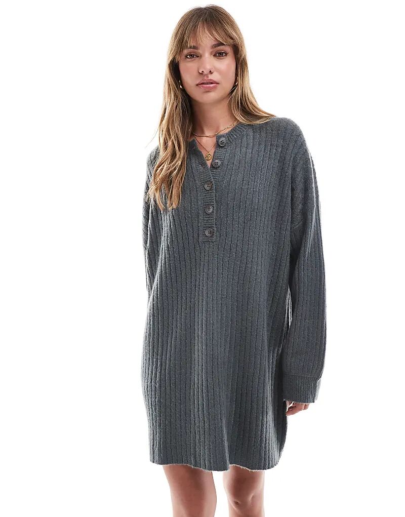 

Трикотажное мини-платье Miss Selfridge с пуговицами хенли темно-серого цвета