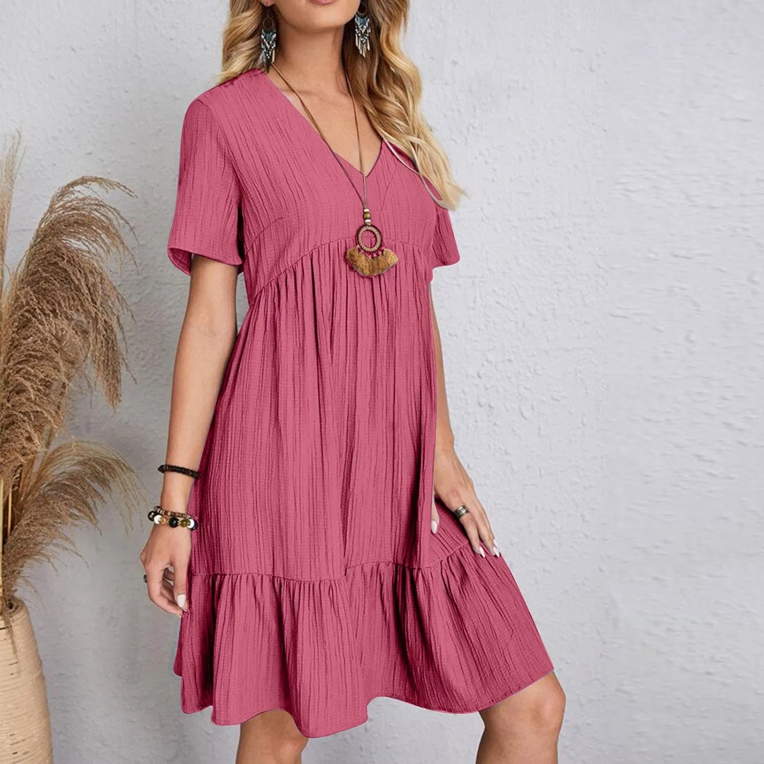 Женское летнее мини-платье с коротким рукавом A-line Boho Sundress, Hot Pink — фото 3