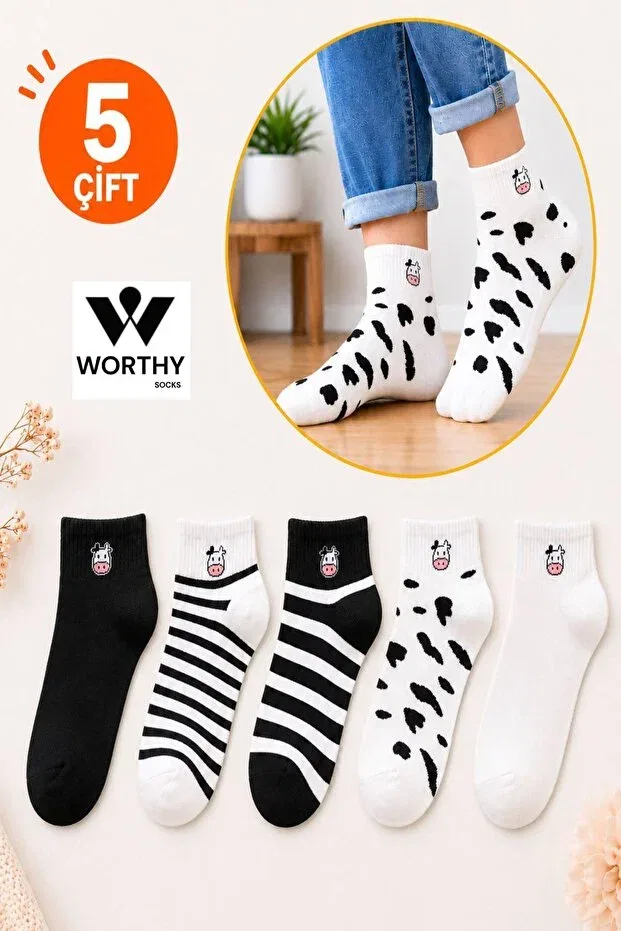 Детские носки с принтом Pack of 5 unisex cow patterned cotton ankle socks Worthy Socks, White, Black