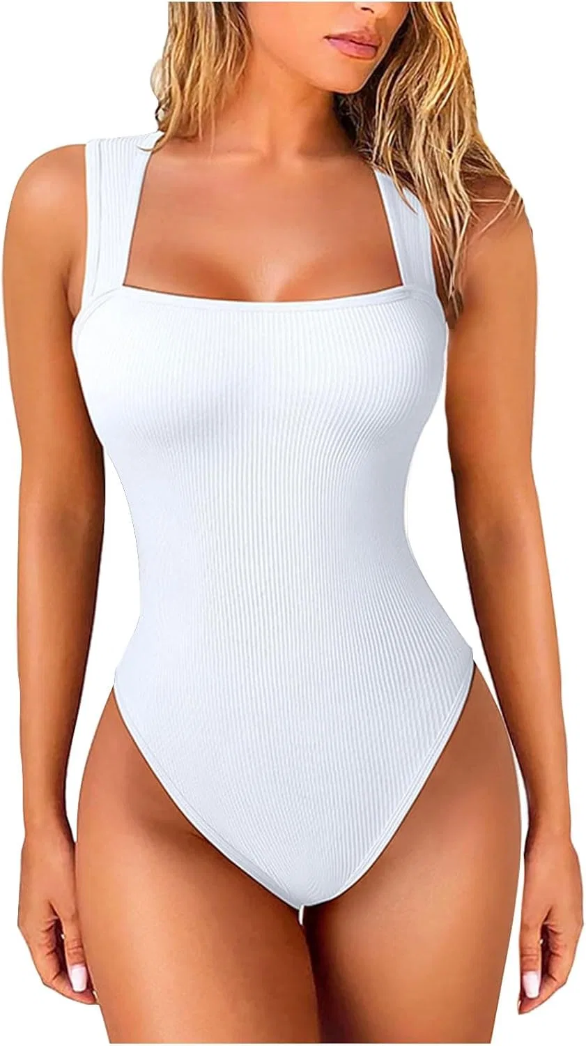 Женский цельный купальник с квадратным вырезом Ribbed Tummy Control Swimwear, White