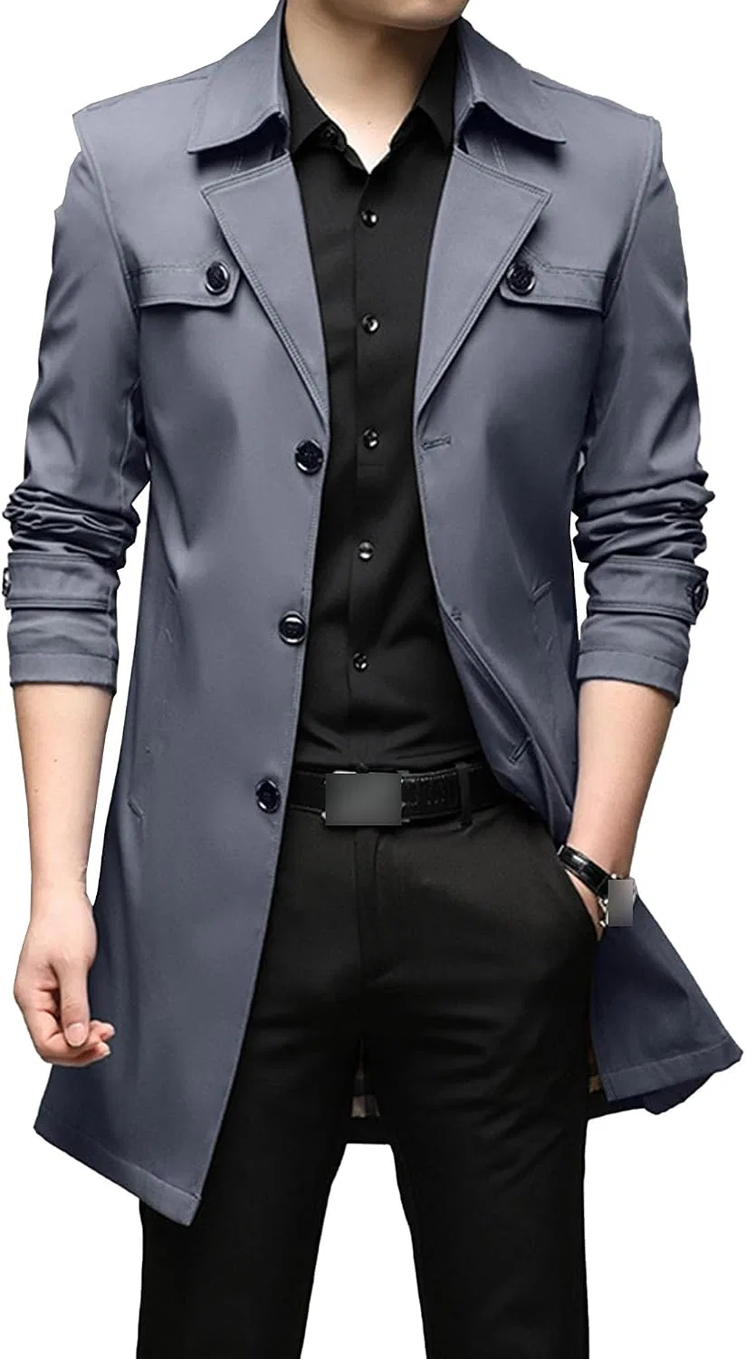 Мужское пальто-тренч с однобортной застежкой, Slim Fit, тёмно-синий