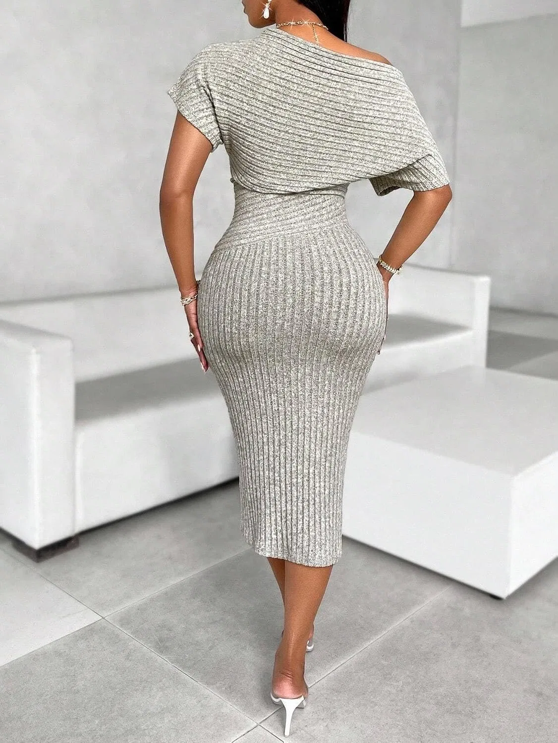 Женское элегантное платье миди с асимметричным плечом, Bodycon, Batwing Sleeve, Apricot — фото 2