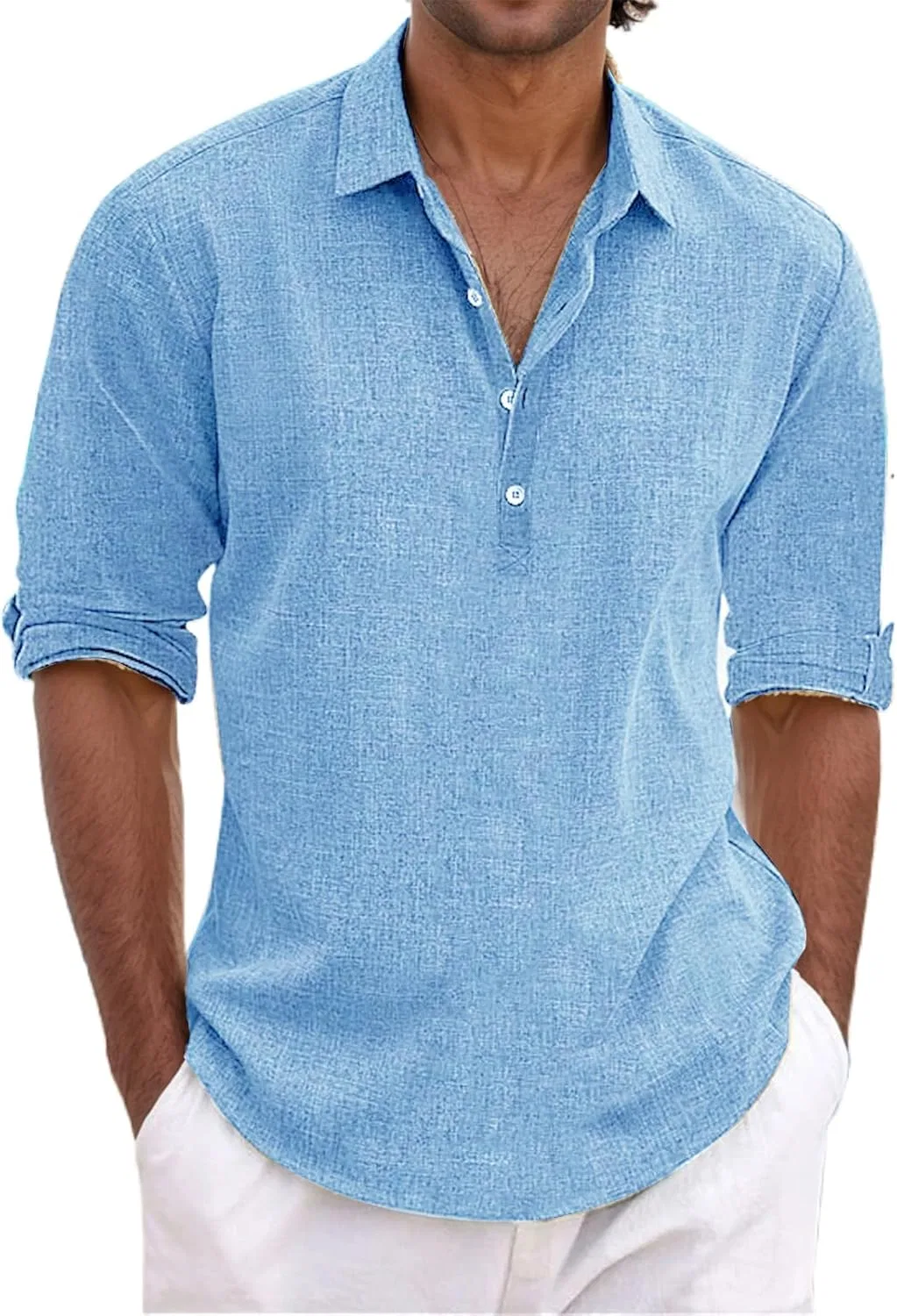 Мужская льняная хлопковая рубашка-поло с длинным рукавом Slim Fit, Blue — фото 2