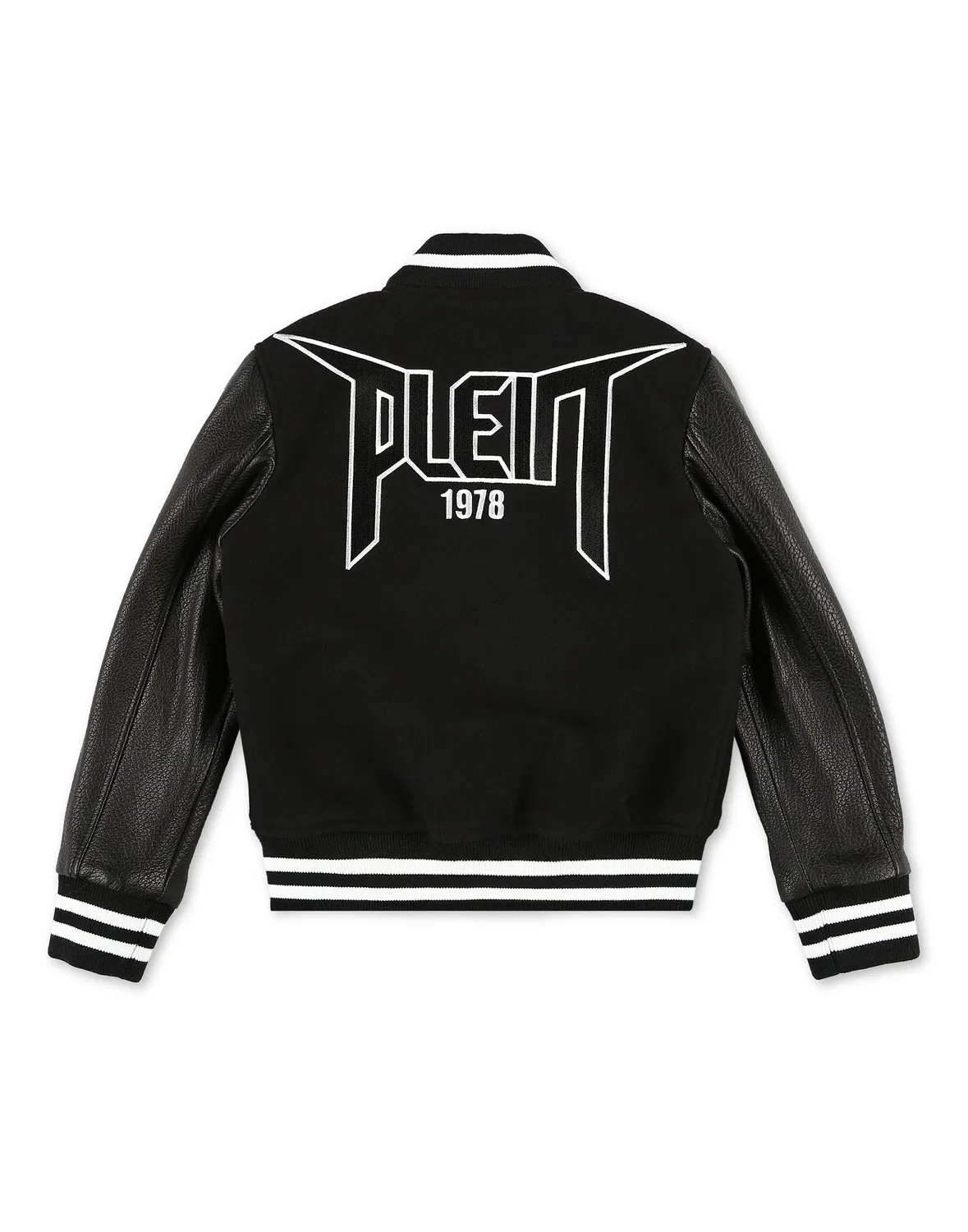 Детская куртка-бомбер кожаная с вышивкой Leather Bomber Iconic Plein PHILIPP PLEIN, Black/White — фото 2