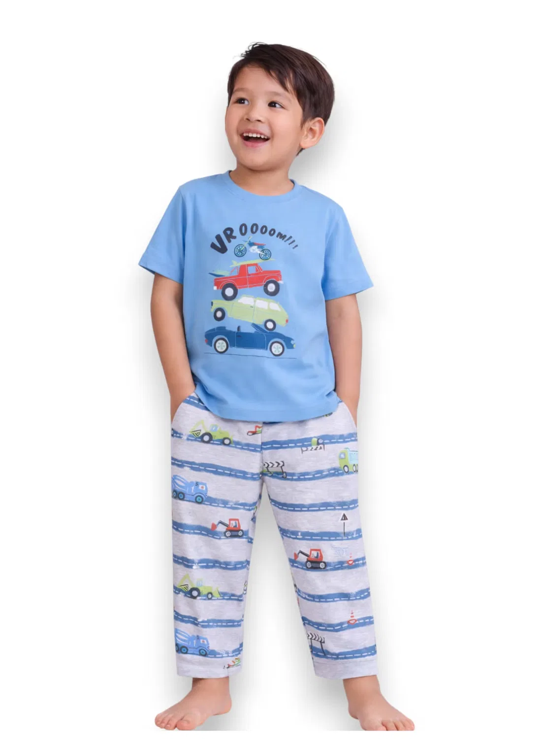Комплект пижамы с принтом машинок, модель Boys Car Print, Victor And Jane, синий