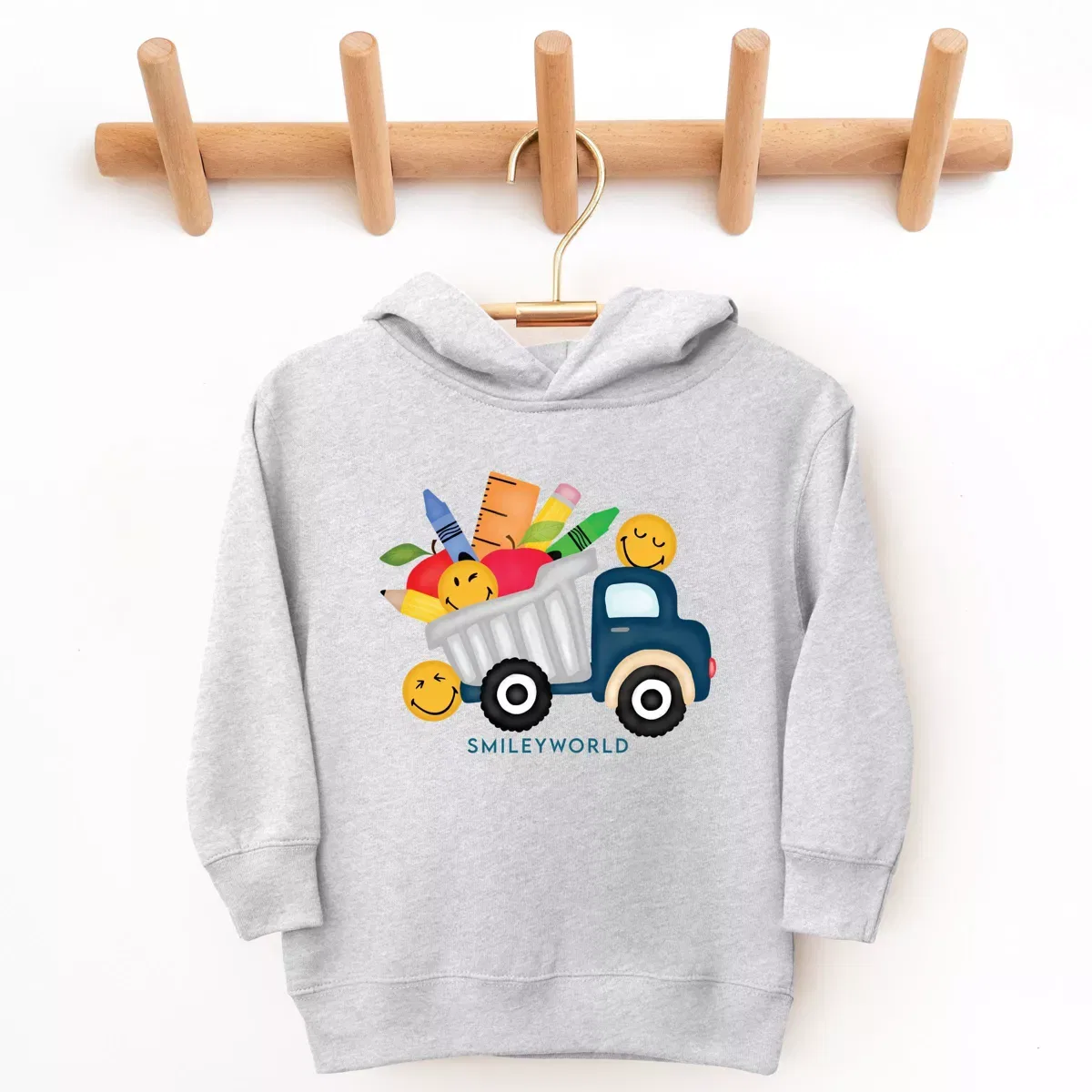 Детское худи с принтом SmileyWorld School Dump Truck The Juniper Shop, Heather Grey — фото 3