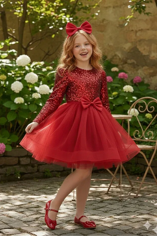 Детское платье для девочек с пайетками Velvet Sequined Long Sleeve Puffy Children's Evening Dress Abiyekids, Red