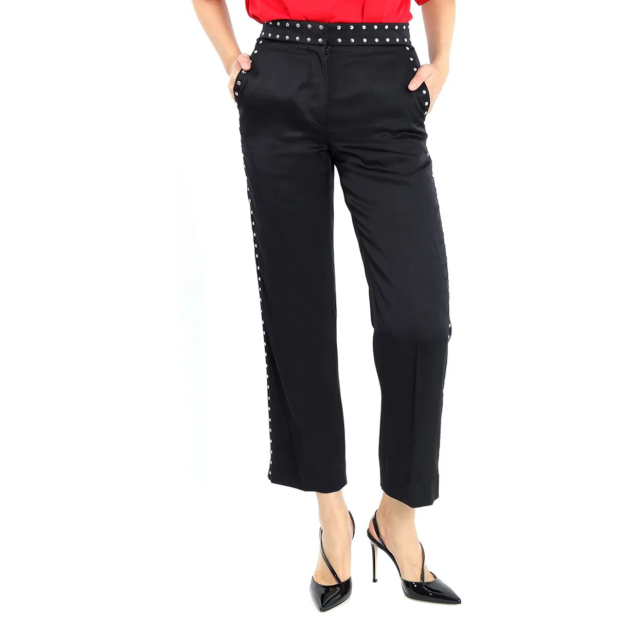Брюки прямого кроя из шелкового сатина с заклепками Black Silk Satin Studded Tailored Trousers Burberry, Black