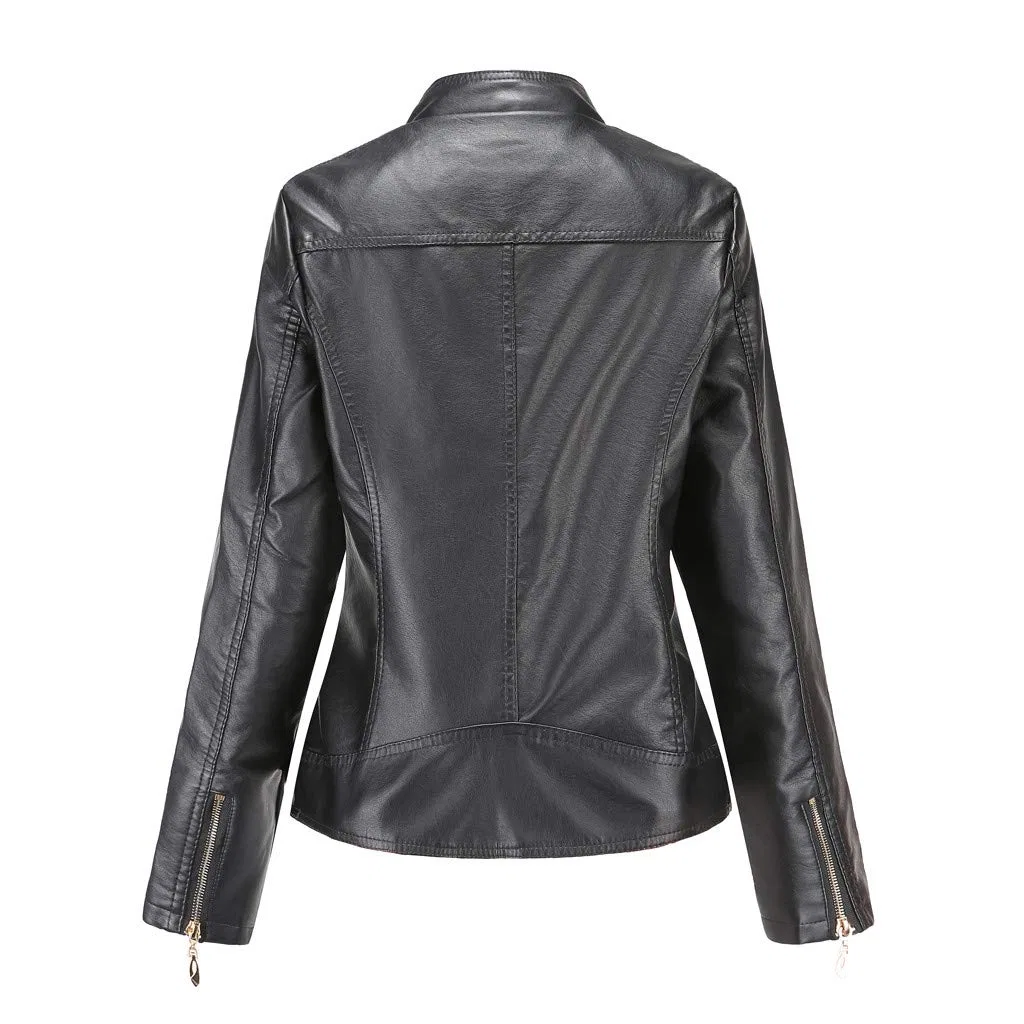 Женская куртка-косуха с воротником-стойкой из экокожи, модель Biker, бренд, Black — фото 2