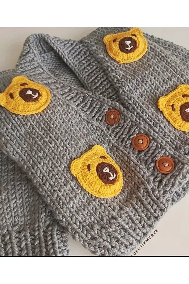 Детский кардиган для мальчиков с принтом Hand knitted cardigan with bear for baby boy and child El Örgüsü, Gray — фото 2
