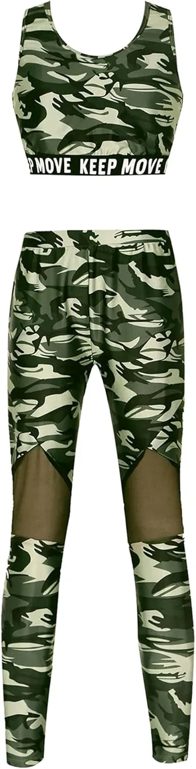 Детский спортивный костюм с принтом Sxiwei, топ и леггинсы, 2 предмета, Camouflage Green