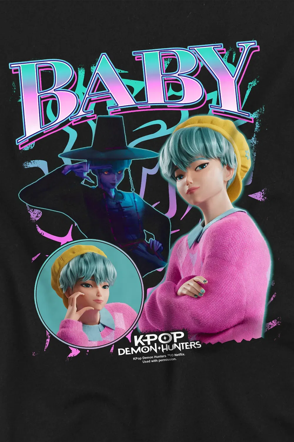 Детская футболка с принтом Kpop demon hunters saja boys baby homage, Netflix, Black — фото 2