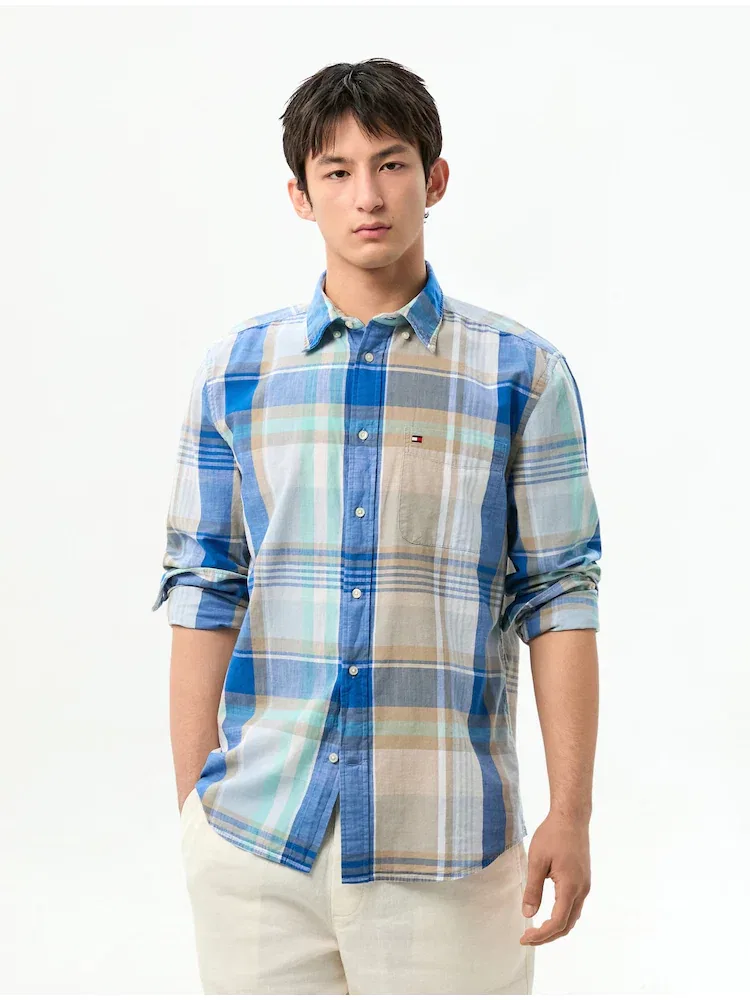 Мужская рубашка Regular Fit из хлопка, Madras Slub Longsleeve TOMMY HILFIGER, Blue