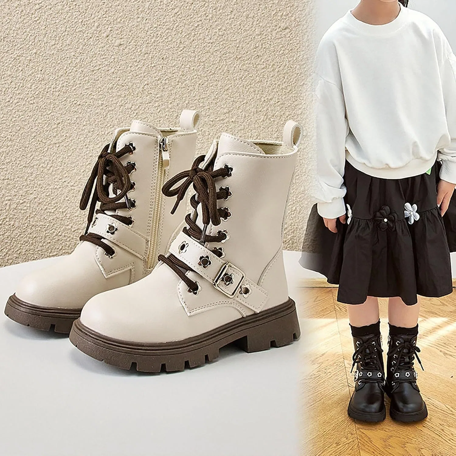 Детские ботинки для девочек с ремешком на пряжке Combat Boots, Beige — фото 2