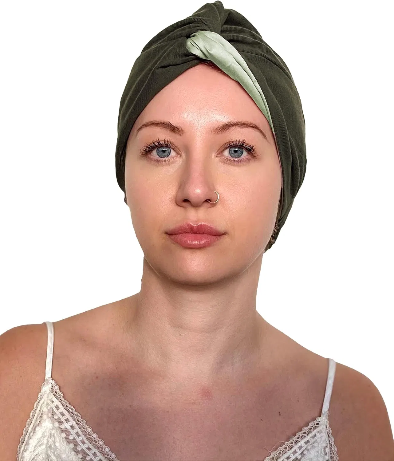 Шелковый тюрбан для волос Sustainably Silk, внешний слой 100% хлопок, внутри веганский бамбуковый шелк, оливково-светло-зеленый